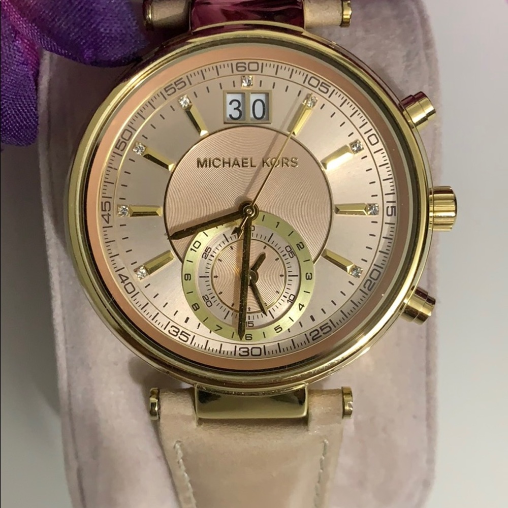Michael Kors Women's Gold-Tone and Beige Leather Chronograph Watch